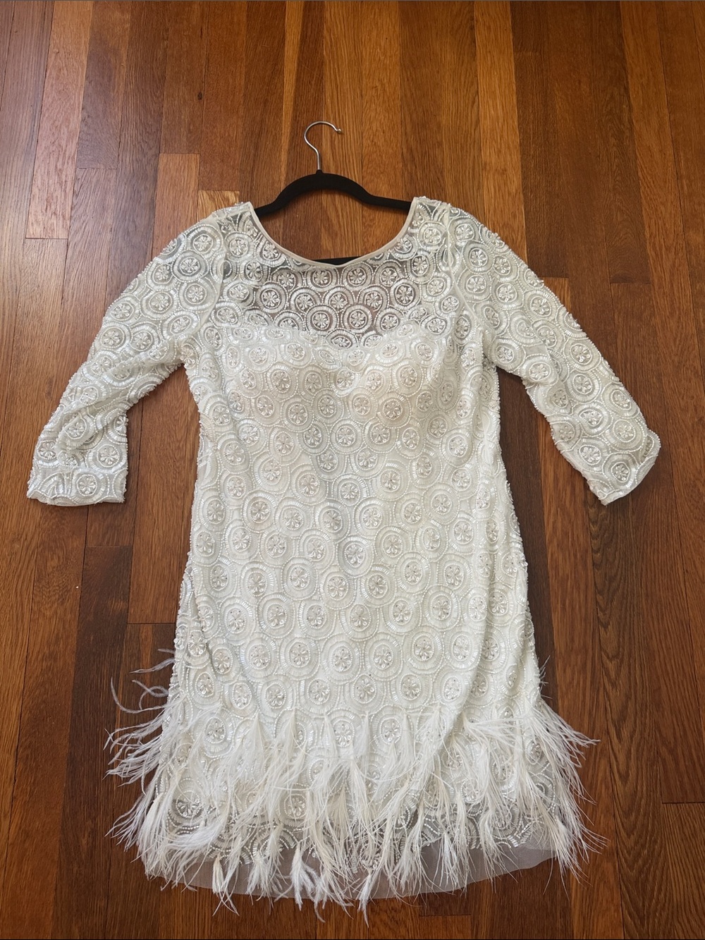 BHLDN Ivory Beaded Lace Dress with Feather Trim